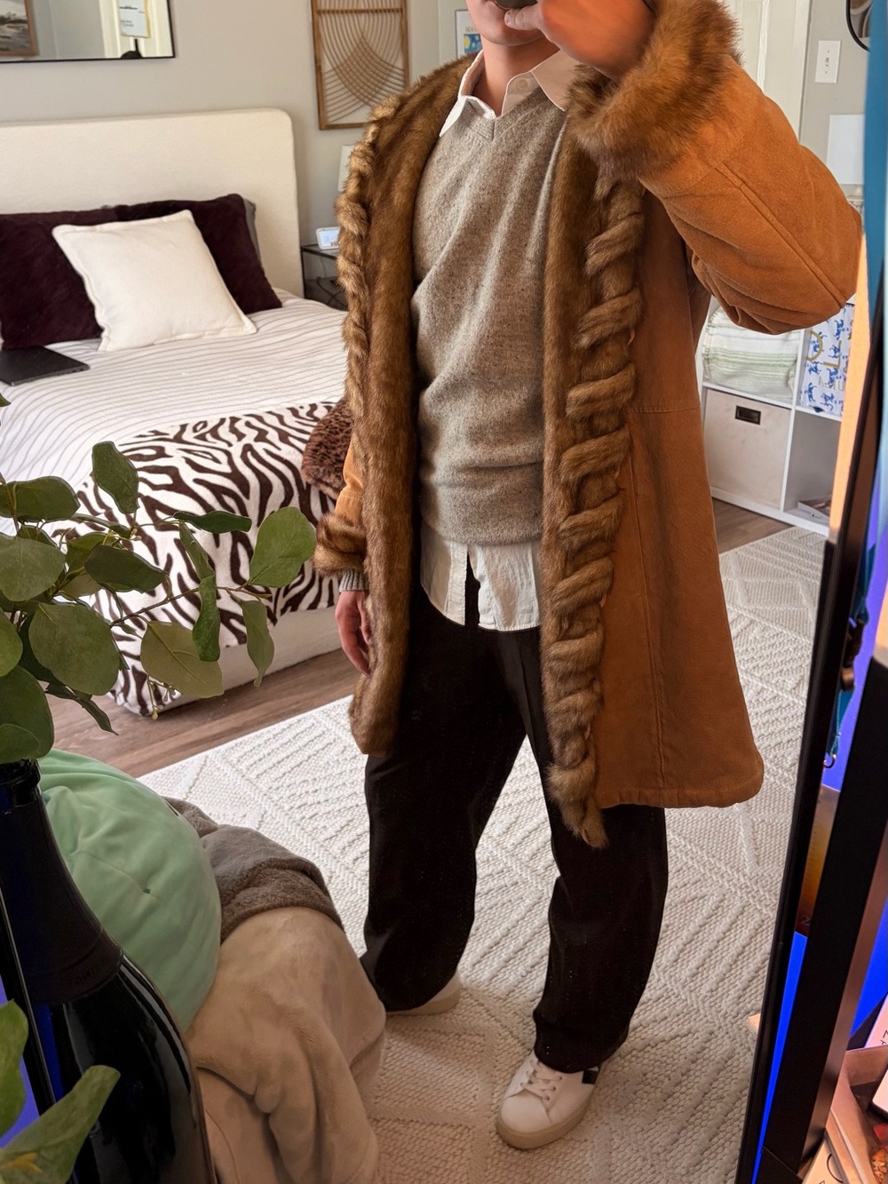 dennis basso Men's Tan Suede Pea Coat with Brown Fur Trim